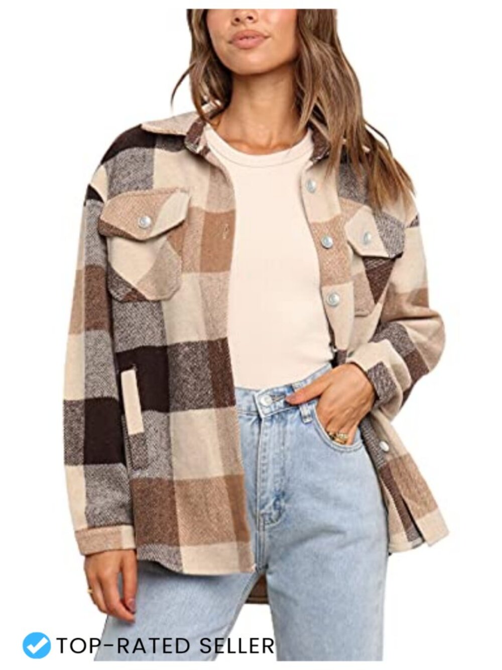 Women's Plaid Flannel Shacket Oversized Faux Wool Button Down Long Sleeve Fall